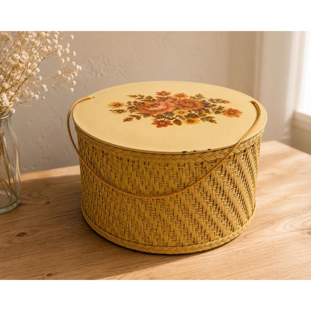 VTG Harvey Round Sewing Basket W/ VTG Thread Yellow Floral Lid Wicker MidCentury